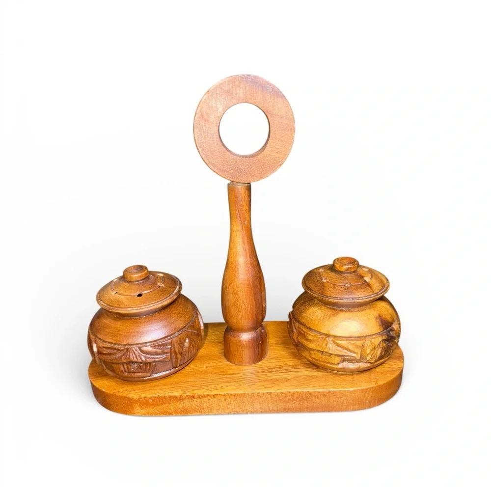 Vintage handcrafted Wooden Brown Salt & Pepper Shakers with Holder